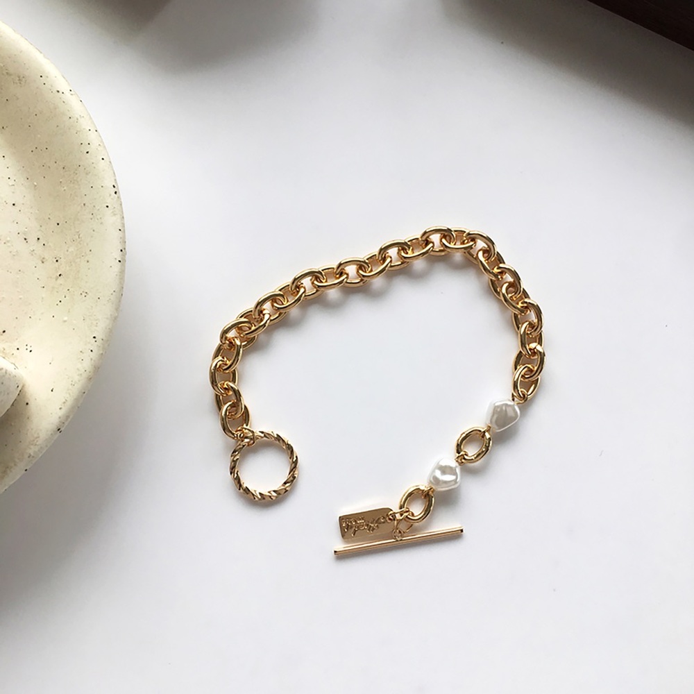 Golden Plate Half Pearl and Half Chain, Metal pendant drop dangle bracelet